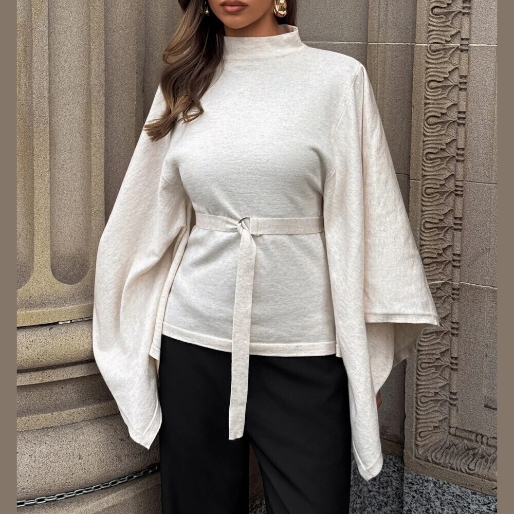 Ivory Heathered Knit Belted Batwing Sleeve Mock Neck Sweater